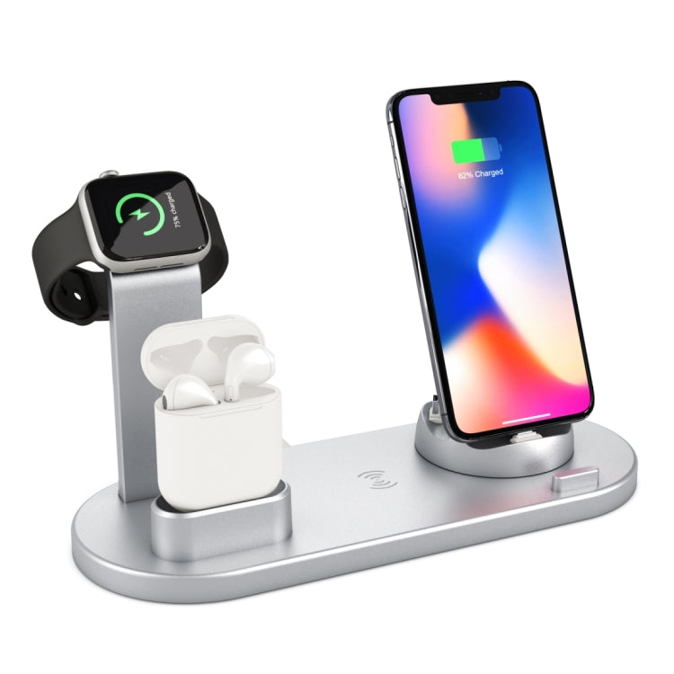 HQ-UD15 5 in 1 8 Pin + Micro USB + USB-C / Type-C Interfaces + 8 Pin Earphone Charging Interface + Wireless Charging Charger Base with Watch Stand(Silver) - Multifunction Charger by PMC Jewellery | Online Shopping South Africa | PMC Jewellery | Buy Now Pay Later Mobicred