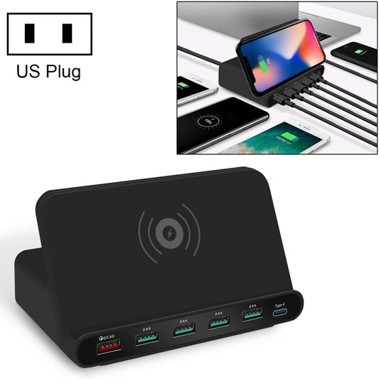 828W 7 in 1 60W QC 3.0 USB Interface + 4 USB Ports + USB-C / Type-C Interface + Wireless Charging Multi-function Charger with Mobile Phone Holder Function, US Plug(Black) - Multifunction Charger by PMC Jewellery | Online Shopping South Africa | PMC Jewellery | Buy Now Pay Later Mobicred