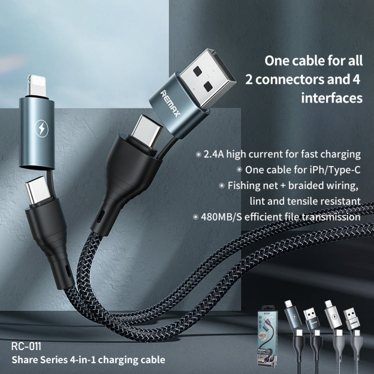 REMAX RC-011 1.2m 2.4A 4-in-1 USB to USB-C / Type-Cx2 + 8 Pin Fast Charging Data Cable(Silver) - Multifunction Cable by REMAX | Online Shopping South Africa | PMC Jewellery | Buy Now Pay Later Mobicred