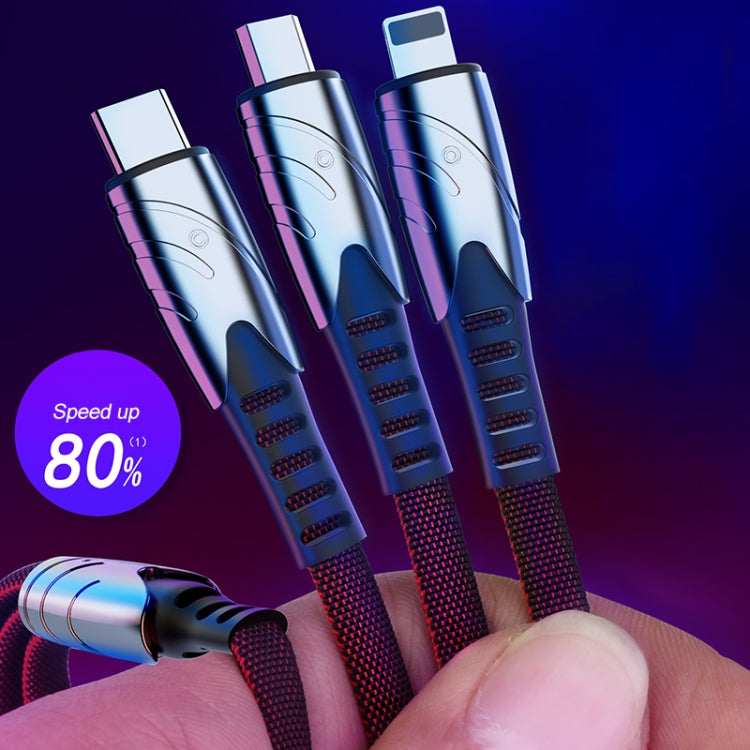 K051 1.2m 3 in 1 USB to 8 Pin + USB-C / Type-C + Micro USB Shark Fabric Data Cable(Red) - Multifunction Cable by PMC Jewellery | Online Shopping South Africa | PMC Jewellery | Buy Now Pay Later Mobicred
