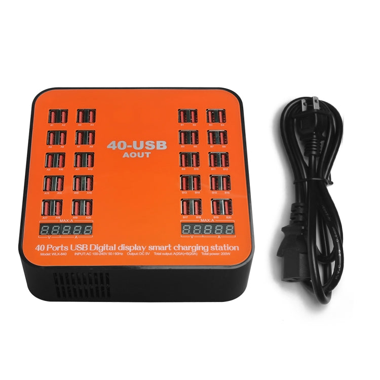 WLX-840 200W 40 Ports USB Digital Display Smart Charging Station AC100-240V, US Plug (Black+Orange) - Multifunction Charger by PMC Jewellery | Online Shopping South Africa | PMC Jewellery | Buy Now Pay Later Mobicred