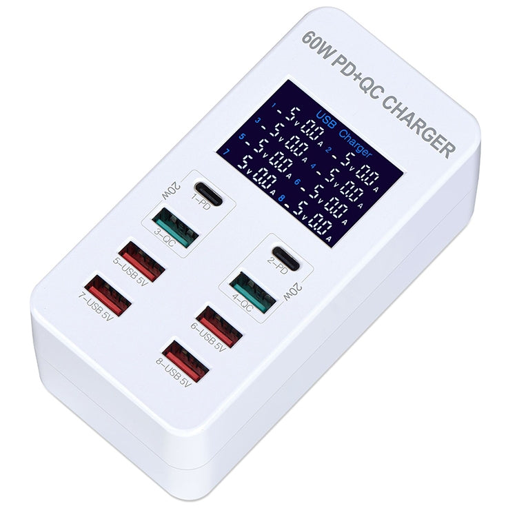 A8T 60W 8 Ports USB + QC3.0 + PD Type-C Smart Charging Station with Digital Display AC100-240V, US Plug - Multifunction Charger by PMC Jewellery | Online Shopping South Africa | PMC Jewellery | Buy Now Pay Later Mobicred