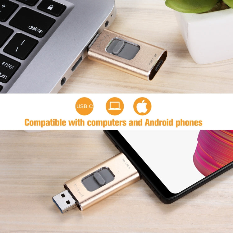 Richwell 3 in 1 16G Type-C + 8 Pin + USB 3.0 Metal Push-pull Flash Disk with OTG Function(Gold) - U Disk & Card Reader by Richwell | Online Shopping South Africa | PMC Jewellery | Buy Now Pay Later Mobicred