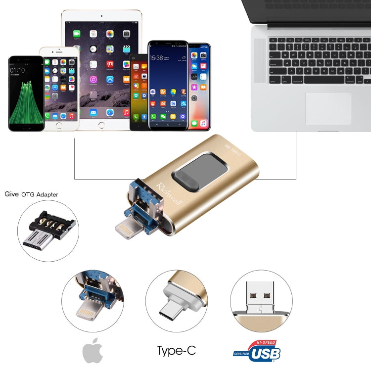 Richwell 3 in 1 32G Type-C + 8 Pin + USB 3.0 Metal Push-pull Flash Disk with OTG Function(Silver) - U Disk & Card Reader by Richwell | Online Shopping South Africa | PMC Jewellery | Buy Now Pay Later Mobicred