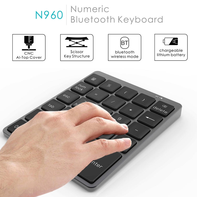 N960 Ultra-thin Universal Aluminum Alloy Rechargeable Wireless Bluetooth Numeric Keyboard (Silver) - Mini Keyboard by PMC Jewellery | Online Shopping South Africa | PMC Jewellery | Buy Now Pay Later Mobicred