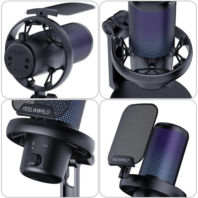 FEELWORLD VM1 USB Condenser Gaming Microphone for Streaming Noise Cancellation Mute RGB Light Desktop Stand (Black) - Microphone by FEELWORLD | Online Shopping South Africa | PMC Jewellery | Buy Now Pay Later Mobicred