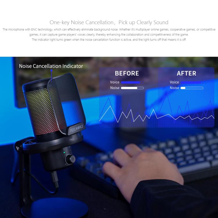 FEELWORLD VM1 USB Condenser Gaming Microphone for Streaming Noise Cancellation Mute RGB Light Desktop Stand (Black) - Microphone by FEELWORLD | Online Shopping South Africa | PMC Jewellery | Buy Now Pay Later Mobicred