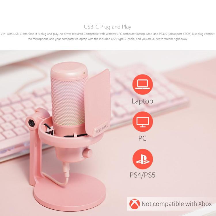 FEELWORLD VM1 USB Condenser Gaming Microphone for Streaming Noise Cancellation Mute RGB Light Desktop Stand (Pink) - Microphone by FEELWORLD | Online Shopping South Africa | PMC Jewellery | Buy Now Pay Later Mobicred