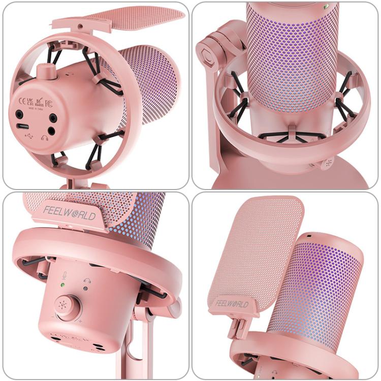 FEELWORLD VM1 USB Condenser Gaming Microphone for Streaming Noise Cancellation Mute RGB Light Desktop Stand (Pink) - Microphone by FEELWORLD | Online Shopping South Africa | PMC Jewellery | Buy Now Pay Later Mobicred