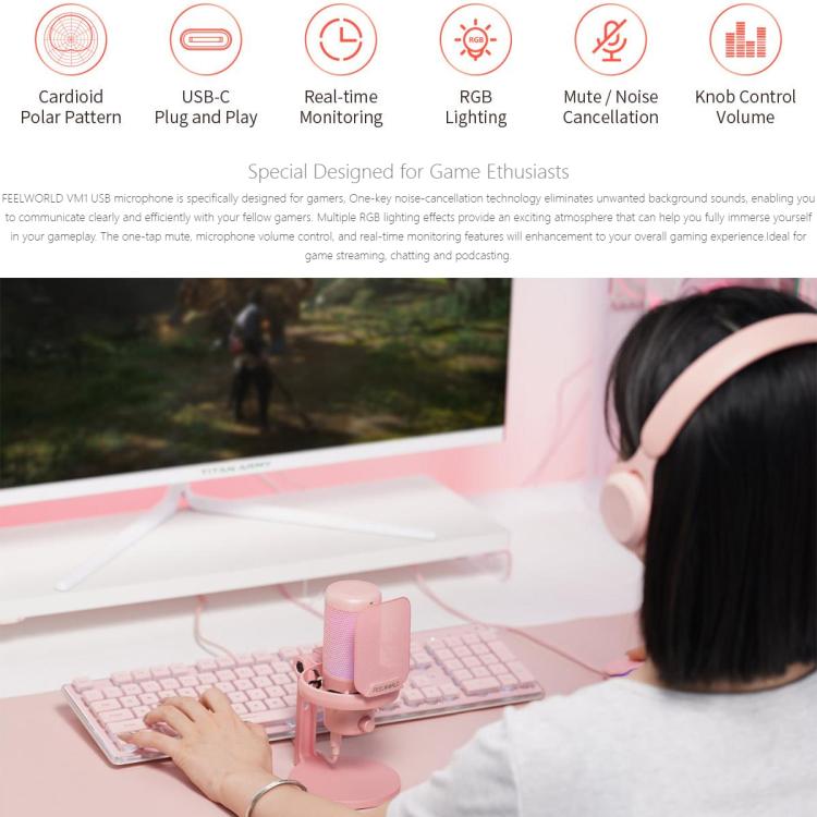 FEELWORLD VM1 USB Condenser Gaming Microphone for Streaming Noise Cancellation Mute RGB Light Desktop Stand (Pink) - Microphone by FEELWORLD | Online Shopping South Africa | PMC Jewellery | Buy Now Pay Later Mobicred