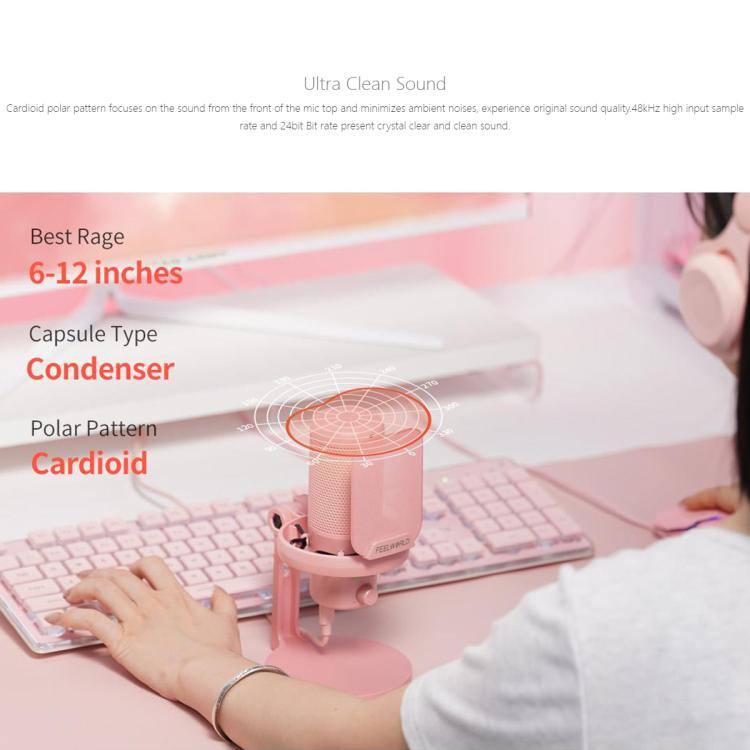 FEELWORLD VM1 USB Condenser Gaming Microphone for Streaming Noise Cancellation Mute RGB Light Desktop Stand (Pink) - Microphone by FEELWORLD | Online Shopping South Africa | PMC Jewellery | Buy Now Pay Later Mobicred