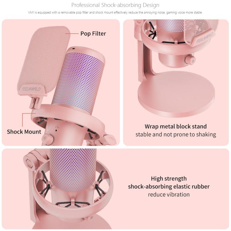 FEELWORLD VM1 USB Condenser Gaming Microphone for Streaming Noise Cancellation Mute RGB Light Desktop Stand (Pink) - Microphone by FEELWORLD | Online Shopping South Africa | PMC Jewellery | Buy Now Pay Later Mobicred