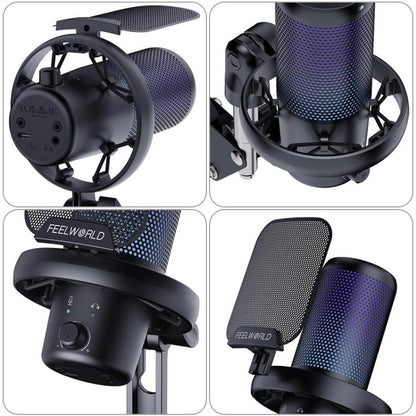 FEELWORLD VM1 USB Condenser Gaming Microphone for Streaming Noise Cancellation Mute RGB Light Boom Arm Stand (Black) - Microphone by FEELWORLD | Online Shopping South Africa | PMC Jewellery | Buy Now Pay Later Mobicred