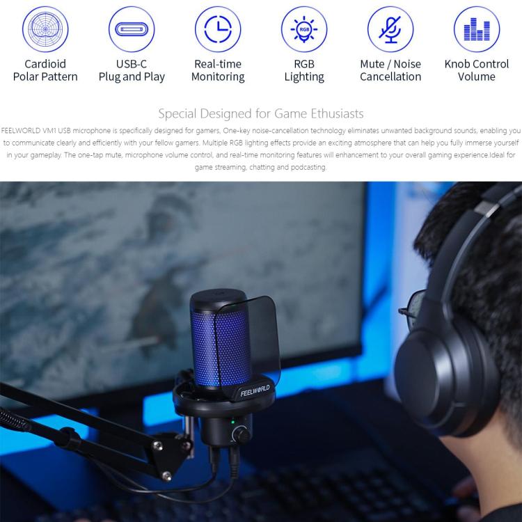 FEELWORLD VM1 USB Condenser Gaming Microphone for Streaming Noise Cancellation Mute RGB Light Boom Arm Stand (Black) - Microphone by FEELWORLD | Online Shopping South Africa | PMC Jewellery | Buy Now Pay Later Mobicred