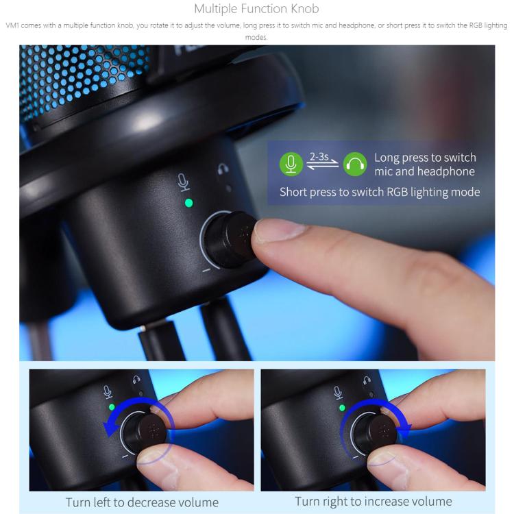 FEELWORLD VM1 USB Condenser Gaming Microphone for Streaming Noise Cancellation Mute RGB Light Boom Arm Stand (Black) - Microphone by FEELWORLD | Online Shopping South Africa | PMC Jewellery | Buy Now Pay Later Mobicred