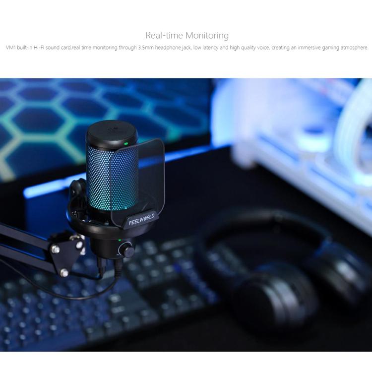 FEELWORLD VM1 USB Condenser Gaming Microphone for Streaming Noise Cancellation Mute RGB Light Boom Arm Stand (Black) - Microphone by FEELWORLD | Online Shopping South Africa | PMC Jewellery | Buy Now Pay Later Mobicred