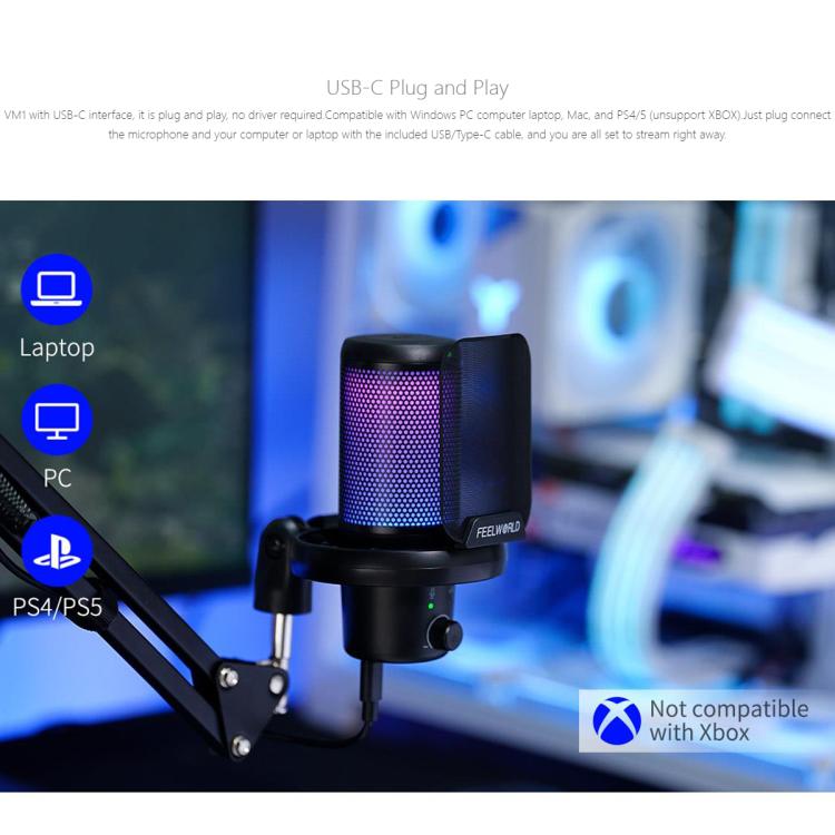 FEELWORLD VM1 USB Condenser Gaming Microphone for Streaming Noise Cancellation Mute RGB Light Boom Arm Stand (Black) - Microphone by FEELWORLD | Online Shopping South Africa | PMC Jewellery | Buy Now Pay Later Mobicred