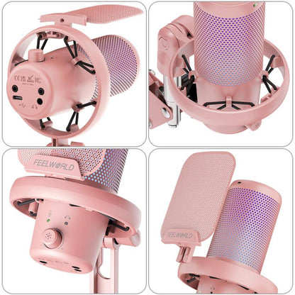 FEELWORLD VM1 USB Condenser Gaming Microphone for Streaming Noise Cancellation Mute RGB Light Boom Arm Stand (Pink) - Microphone by FEELWORLD | Online Shopping South Africa | PMC Jewellery | Buy Now Pay Later Mobicred