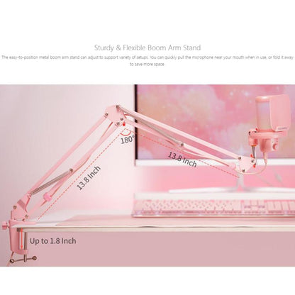 FEELWORLD VM1 USB Condenser Gaming Microphone for Streaming Noise Cancellation Mute RGB Light Boom Arm Stand (Pink) - Microphone by FEELWORLD | Online Shopping South Africa | PMC Jewellery | Buy Now Pay Later Mobicred