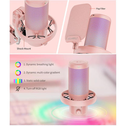 FEELWORLD VM1 USB Condenser Gaming Microphone for Streaming Noise Cancellation Mute RGB Light Boom Arm Stand (Pink) - Microphone by FEELWORLD | Online Shopping South Africa | PMC Jewellery | Buy Now Pay Later Mobicred