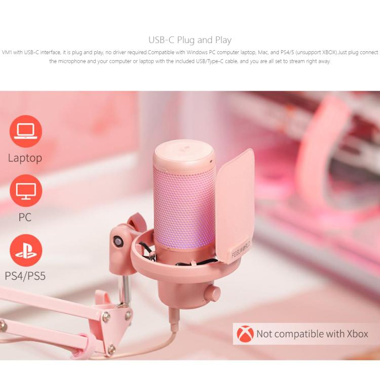 FEELWORLD VM1 USB Condenser Gaming Microphone for Streaming Noise Cancellation Mute RGB Light Boom Arm Stand (Pink) - Microphone by FEELWORLD | Online Shopping South Africa | PMC Jewellery | Buy Now Pay Later Mobicred