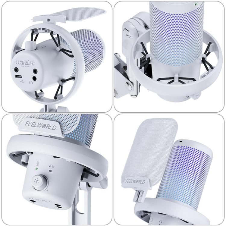 FEELWORLD VM1 USB Condenser Gaming Microphone for Streaming Noise Cancellation Mute RGB Light Boom Arm Stand (White) - Microphone by FEELWORLD | Online Shopping South Africa | PMC Jewellery | Buy Now Pay Later Mobicred