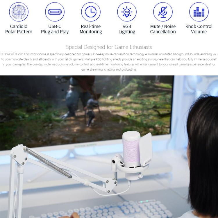 FEELWORLD VM1 USB Condenser Gaming Microphone for Streaming Noise Cancellation Mute RGB Light Boom Arm Stand (White) - Microphone by FEELWORLD | Online Shopping South Africa | PMC Jewellery | Buy Now Pay Later Mobicred