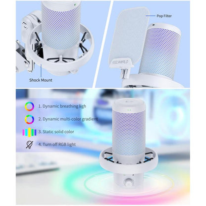 FEELWORLD VM1 USB Condenser Gaming Microphone for Streaming Noise Cancellation Mute RGB Light Boom Arm Stand (White) - Microphone by FEELWORLD | Online Shopping South Africa | PMC Jewellery | Buy Now Pay Later Mobicred