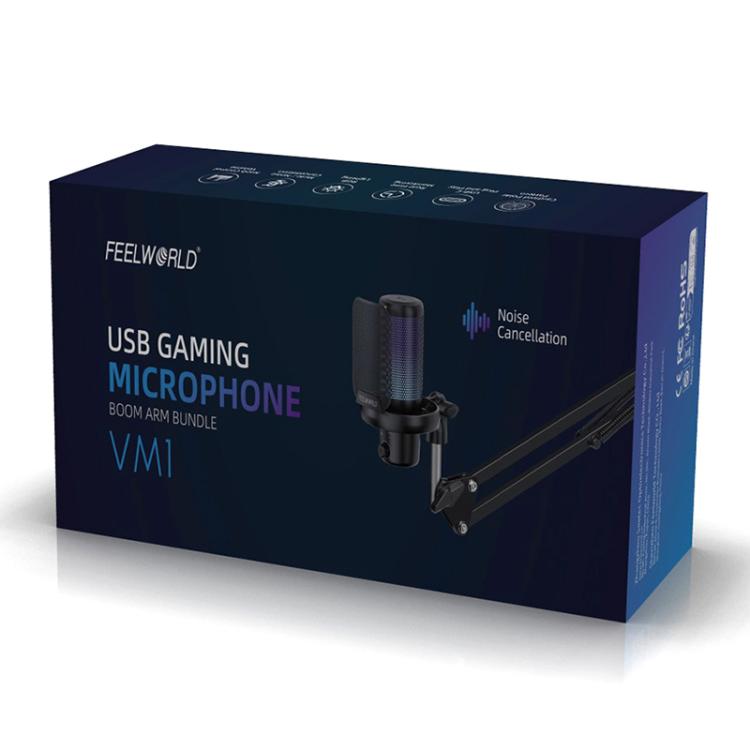 FEELWORLD VM1 USB Condenser Gaming Microphone for Streaming Noise Cancellation Mute RGB Light Boom Arm Stand (White) - Microphone by FEELWORLD | Online Shopping South Africa | PMC Jewellery | Buy Now Pay Later Mobicred