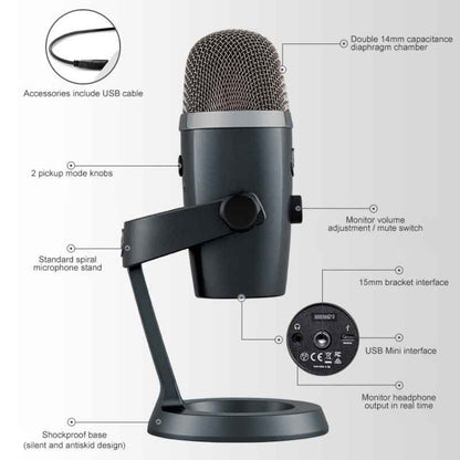 Logitech Blue Yeti Nano Condenser Digital USB Live Broadcast Microphone (Grey) - Microphone by Logitech | Online Shopping South Africa | PMC Jewellery | Buy Now Pay Later Mobicred