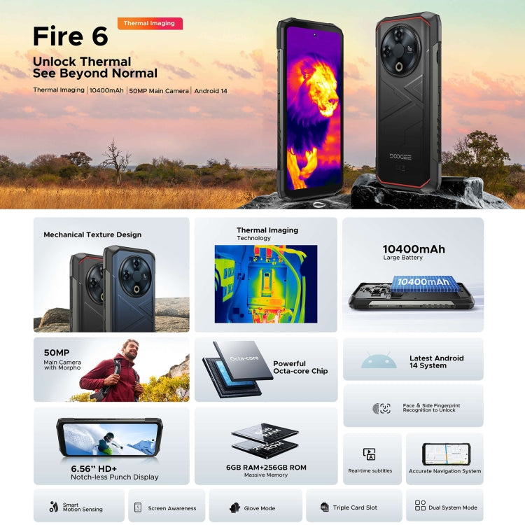 DOOGEE Fire 6 Rugged Phone, Thermal Imaging, 6GB+256GB, 6.56 inch Android 14 Spreadtrum T606 Octa Core, Network: 4G, OTG (Blue) - DOOGEE by DOOGEE | Online Shopping South Africa | PMC Jewellery | Buy Now Pay Later Mobicred