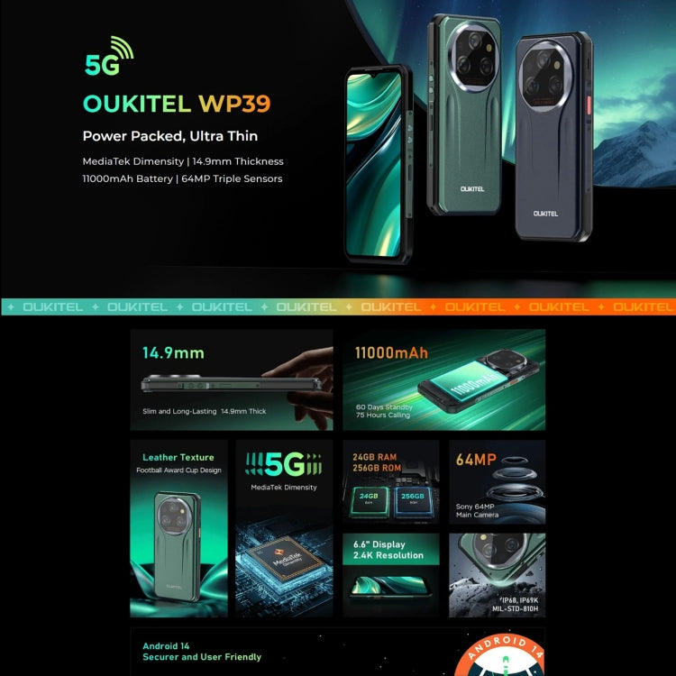 Oukitel WP39 5G Rugged Phone, 6GB+256GB, Night Vision, Fingerprint Identification, 6.6 inch MediaTek Dimensity 6100+ Octa Core, NFC, OTG, Network: 5G (Green) - OUKITEL by OUKITEL | Online Shopping South Africa | PMC Jewellery | Buy Now Pay Later Mobicred