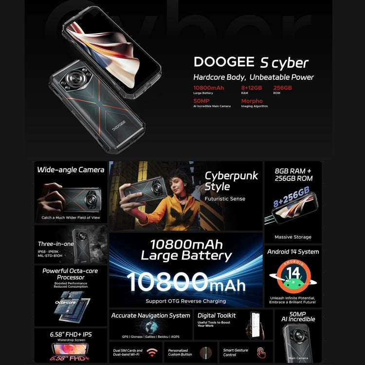 DOOGEE S Cyber, 8GB+256GB, 6.58 inch Android 14 Spreadtrum T606 Octa Core, Network: 4G, OTG, NFC (Black Red) - DOOGEE by DOOGEE | Online Shopping South Africa | PMC Jewellery | Buy Now Pay Later Mobicred