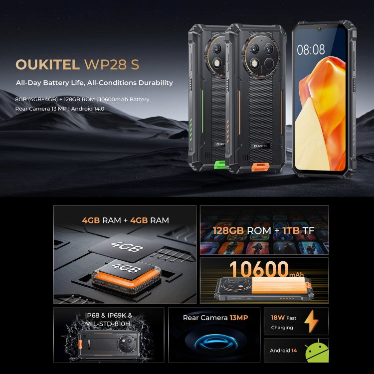 Oukitel WP28 S IP68/IP69K Rugged Phone, 4GB+128GB, Fingerprint, 6.52 inch Unisoc T606 Octa-core, NFC, OTG, Network: 4G (Orange) - OUKITEL by OUKITEL | Online Shopping South Africa | PMC Jewellery | Buy Now Pay Later Mobicred