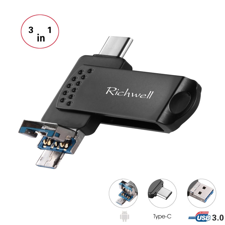 Richwell 3 in 1 32G Type-C + Micro USB + USB 3.0 Metal Flash Disk with OTG Function(Black) - U Disk & Card Reader by Richwell | Online Shopping South Africa | PMC Jewellery | Buy Now Pay Later Mobicred