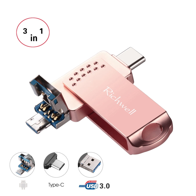 Richwell 3 in 1 32G Type-C + Micro USB + USB 3.0 Metal Flash Disk with OTG Function(Rose Gold) - U Disk & Card Reader by Richwell | Online Shopping South Africa | PMC Jewellery | Buy Now Pay Later Mobicred