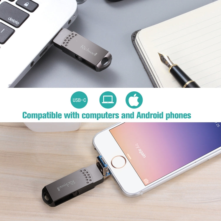 Richwell 64G Type-C + 8 Pin + USB 3.0 Metal Flash Disk with OTG Function(Silver) - U Disk & Card Reader by Richwell | Online Shopping South Africa | PMC Jewellery | Buy Now Pay Later Mobicred