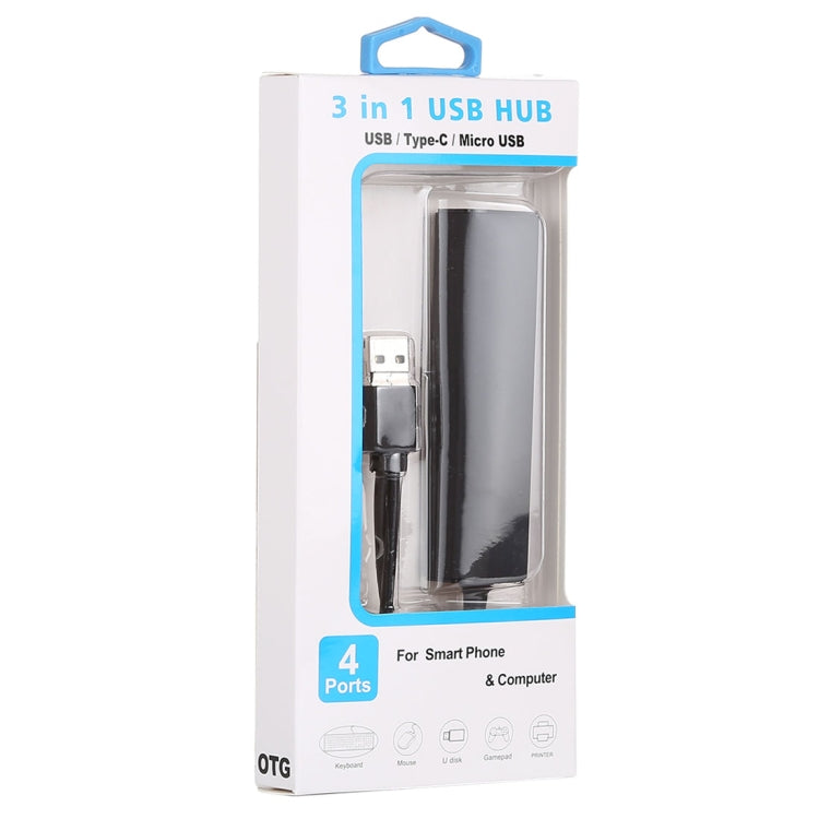 3 in 1 USB-C / Type-C + Micro USB + 4 x USB 2.0 Ports HUB Converter, Cable Length: 12cm(Black) - USB 2.0 HUB by PMC TechLife | Online Shopping South Africa | PMC TechLife | Buy Now Pay Later Mobicred