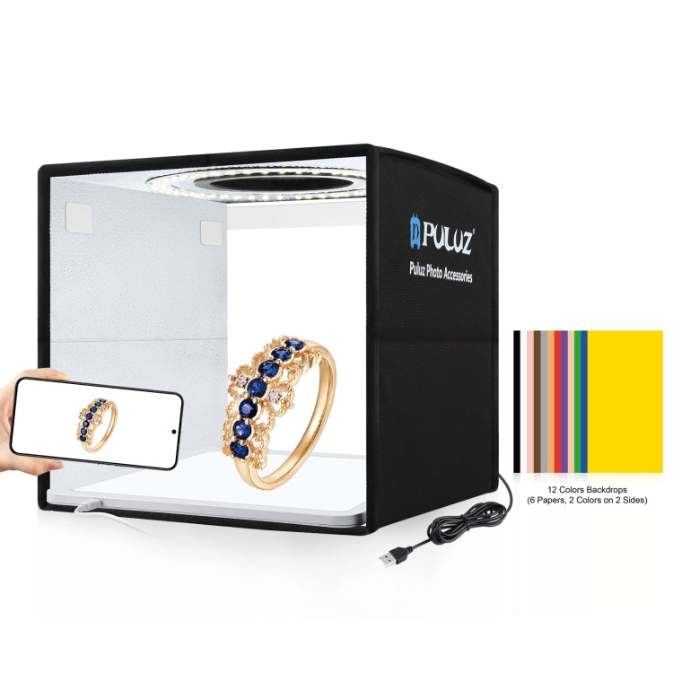 PULUZ 25cm Folding Portable High CRI Ring LED Photo Lighting Studio Tent Box + Shadowless Light Lamp Panel Pad with 12 Colors Backdrops, Size: 25cm x 25cm x 25cm(Black) -  by PULUZ | Online Shopping South Africa | PMC Jewellery | Buy Now Pay Later Mobicred