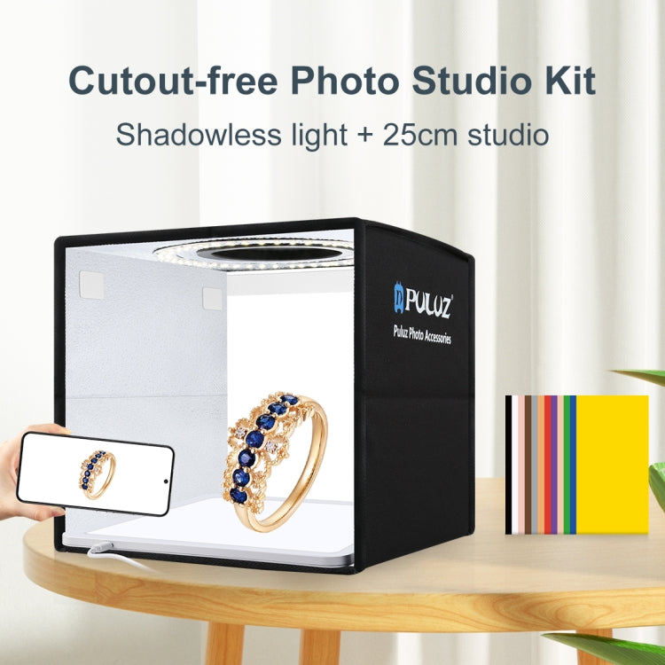 PULUZ 25cm Folding Portable High CRI Ring LED Photo Lighting Studio Tent Box + Shadowless Light Lamp Panel Pad with 12 Colors Backdrops, Size: 25cm x 25cm x 25cm(Black) -  by PULUZ | Online Shopping South Africa | PMC Jewellery | Buy Now Pay Later Mobicred