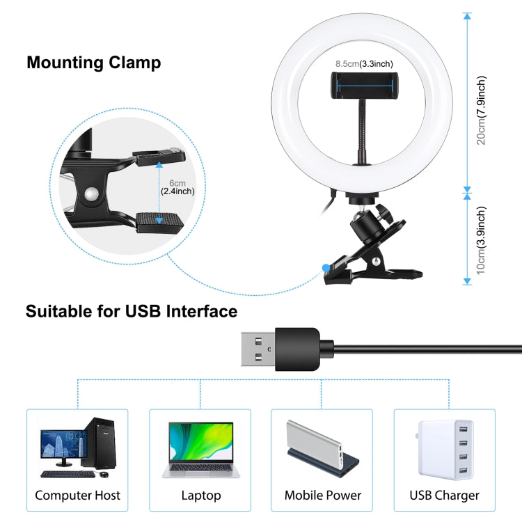 PULUZ 7.9 inch 20cm Ring Selfie Light + Monitor Clip 3 Modes USB Dimmable Dual Color Temperature LED Curved Vlogging Photography Video Lights Kits with Phone Clamp(Black) - Ring Light by PULUZ | Online Shopping South Africa | PMC Jewellery | Buy Now Pay Later Mobicred