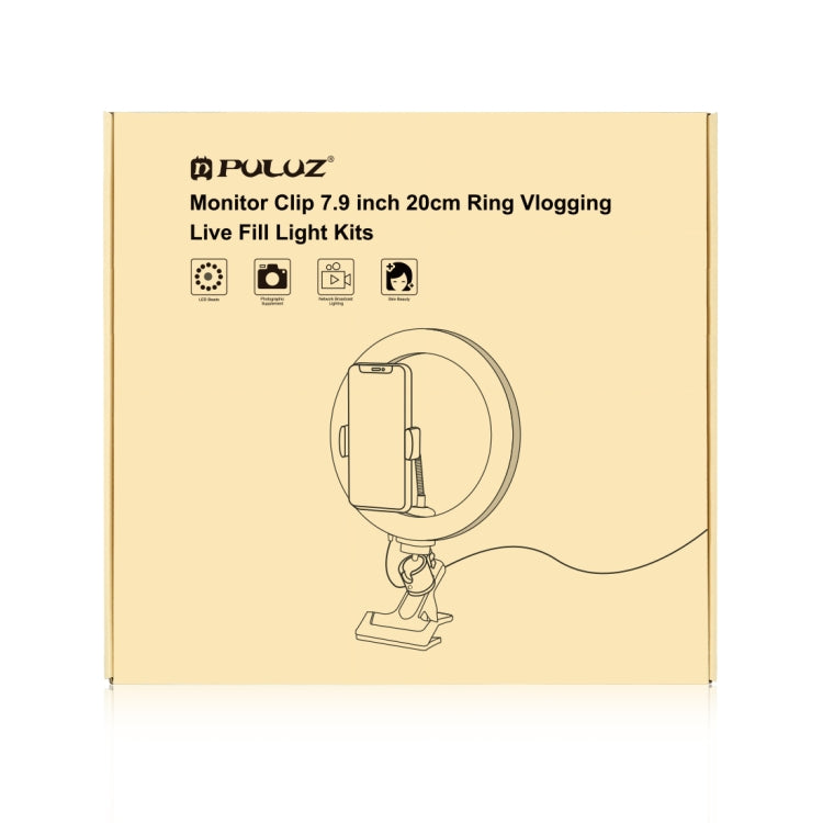 PULUZ 7.9 inch 20cm Ring Selfie Light + Monitor Clip 3 Modes USB Dimmable Dual Color Temperature LED Curved Vlogging Photography Video Lights Kits with Phone Clamp(Black) - Ring Light by PULUZ | Online Shopping South Africa | PMC Jewellery | Buy Now Pay Later Mobicred