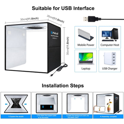 PULUZ 30cm Folding  High 97 CRI Ring Light Photo Lighting Studio Shooting Tent Box Kit with 6 Colors Backdrops (Black, White, Orange, Red, Green, Blue), Unfold Size: 30cm x 30cm x 30cm(Black) -  by PULUZ | Online Shopping South Africa | PMC Jewellery | Buy Now Pay Later Mobicred