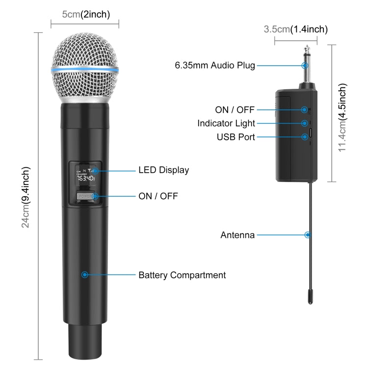 PULUZ 1 To 2 Wireless Microphones with LED Display, 6.35mm Transmitter (Black) - Microphone by PULUZ | Online Shopping South Africa | PMC Jewellery | Buy Now Pay Later Mobicred