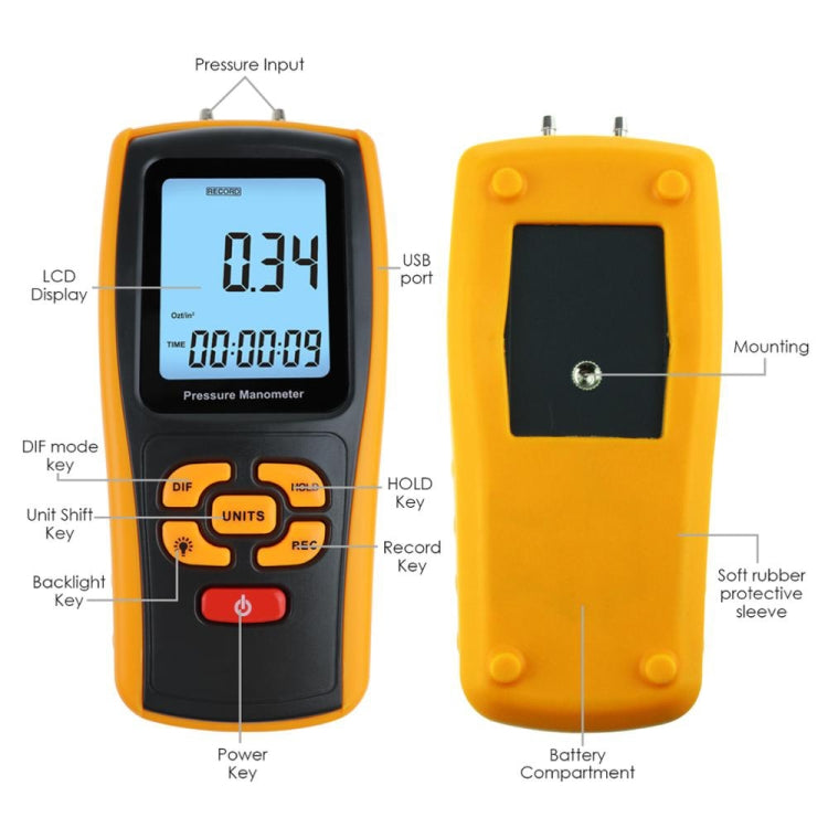 BENETECH GM520 LCD Display Pressure Manometer(Yellow) - Other Tester Tool by BENETECH | Online Shopping South Africa | PMC Jewellery | Buy Now Pay Later Mobicred