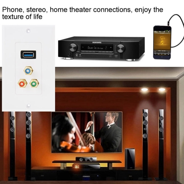 USB 3.0 Female Plug + 3 RCA Female Plugs Wall Plate Panel -  by PMC TechLife | Online Shopping South Africa | PMC TechLife | Buy Now Pay Later Mobicred