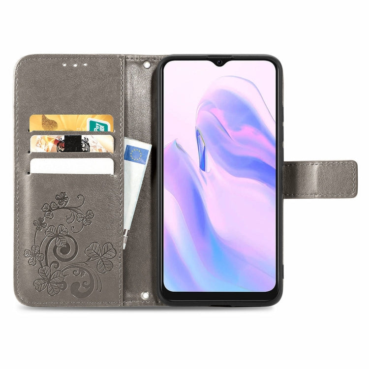 For Blackview A70 Four-leaf Clasp Embossed Buckle Mobile Phone Protection Leather Case with Lanyard & Card Slot & Wallet & Bracket Function(Gray) - More Brand by PMC Jewellery | Online Shopping South Africa | PMC Jewellery