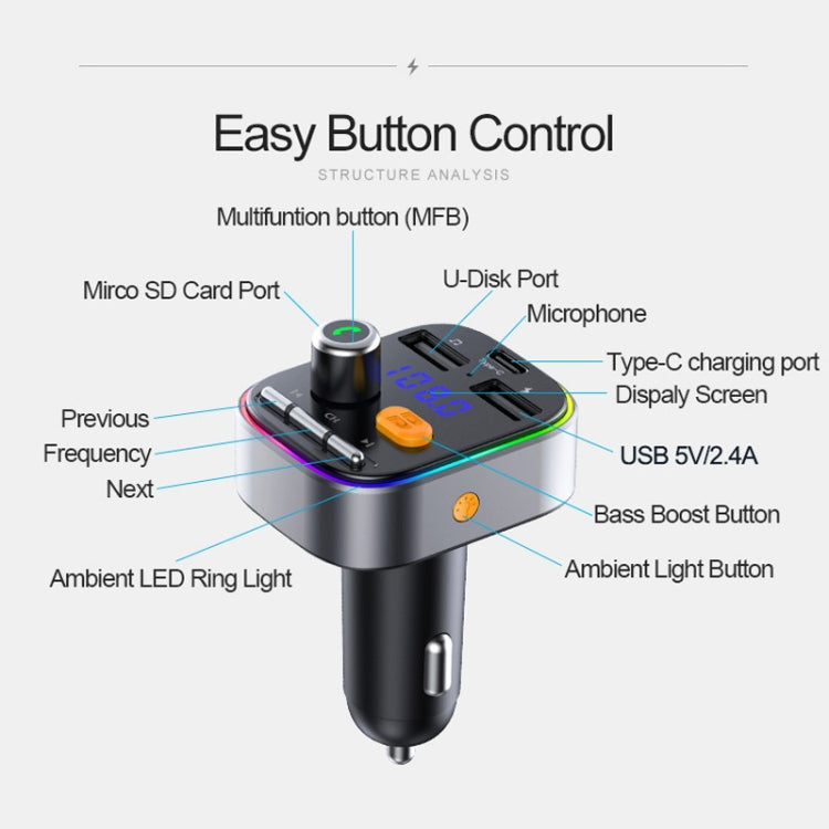 T48C Car Bluetooth 5.0 Fm Transmitter Kit Dual USB with Type-C 5V 2.4A Car Charger - Bluetooth Car Kits by PMC Jewellery | Online Shopping South Africa | PMC Jewellery | Buy Now Pay Later Mobicred