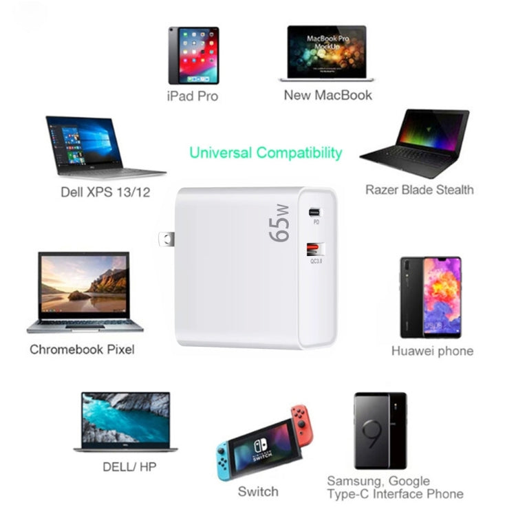 PD-65W USB-C / Type-C + QC3. 0 USB Laptop Charging Adapter + 1.8m USB-C / Type-C to MagSafe 1 / L Head Data Cable, UK Plug / US Plug(White) - Cable & Adapter by PMC Jewellery | Online Shopping South Africa | PMC Jewellery | Buy Now Pay Later Mobicred