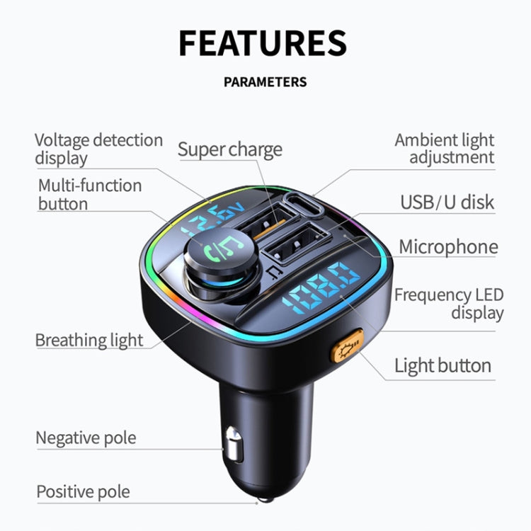 C22 Car Bluetooth 5.0 FM Transmitter LED Light Voltage Display QC 3.0 PD Charger - Bluetooth Car Kits by PMC Jewellery | Online Shopping South Africa | PMC Jewellery | Buy Now Pay Later Mobicred